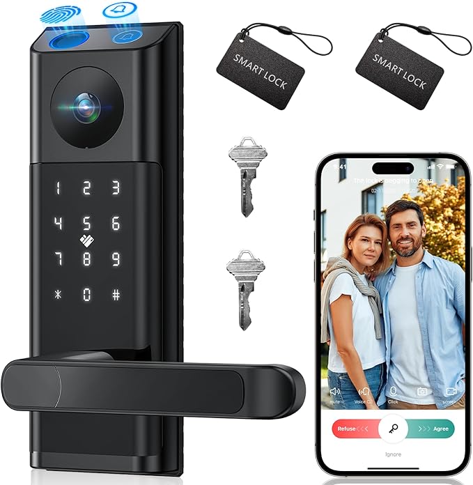Video Smart Lock with Camera & Doorbell, 5-in-1 Keyless Entry Door Lock with Handle, Fingerprint+Keypad Code+App Remote Control+IC Card, Auto Lock, Wi-Fi Smart Deadbolt for Front Door, Apartment