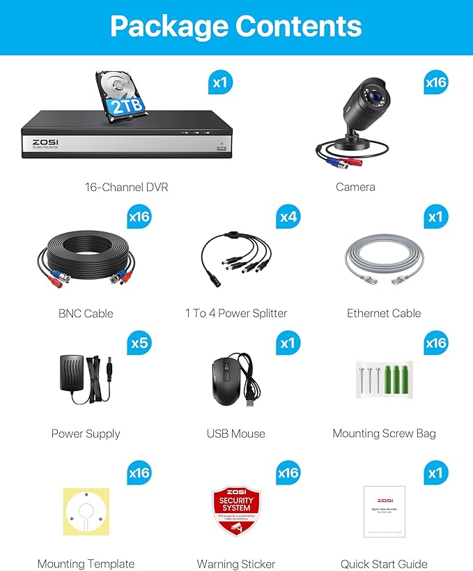 ZOSI 3K Lite 16Channel Security Camera System,AI Human/Vehicle Detection,Night Vision,Remote Access,16pcs 1080P Outdoor Surveillance Bullet Cam,H.265+ 1080p 16CH DVR with 2TB HDD for 24/7 Recording