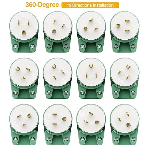 (2 Pack) 90 Degree USA Canada Male Plug Nema 5-15P 3 Pole Angle DIY Plug, 15A 125V USA 3Pin Right Angle AC Plug, Nema 5-15P Angled Rewireable AC Plug,12 Direction Male US 3Pole AC Connector, Green