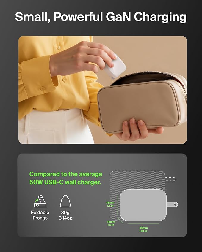 Belkin 2-Port USB C Charger Block 50W, Dual-Port GaN Charger w/ 2x USB C Ports, Fast Charging for MacBook, iPhone 17, iPad Pro, Chromebook, Galaxy S25 Ultra, Pixel 10, etc. - Travel Essentials - White