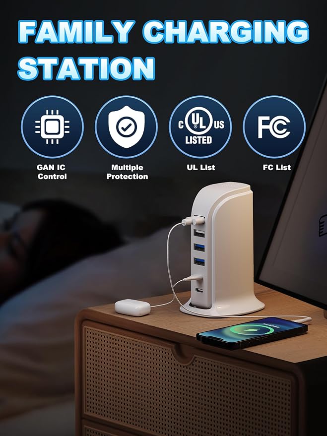 USB Charger, Charging Station for Multiple Devices 45W, Fast Charging Blocks with Dual Type C Ports, 4 USB Charging Hub Organizer Multiport for iPhone, Ipad, Smartphones, Travel Accessories