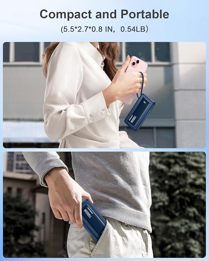 Portable Charger with Built in Cables, Slim 10000mAh Fast Charging 22.5W Power Bank USB C LED Display Battery Pack 6 Outputs & 2 Inputs for iPhone Samsung Pixel LG Moto iPad