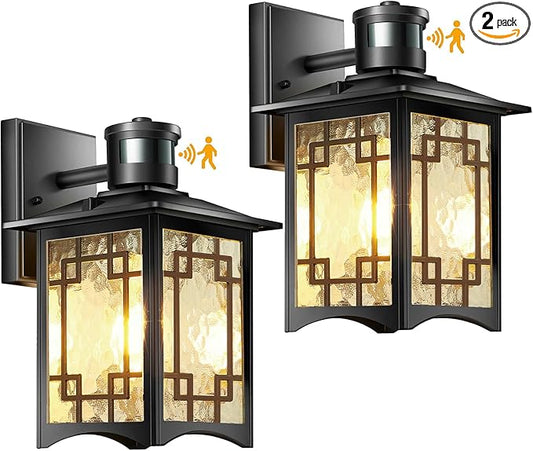 2 Pack Motion Sensor Outdoor Wall Lights, Dusk to Dawn Lighting, Led Exterior Light Fixture, Aluminum Lantern for Front Porch, Waterproof Black Outdoor Wall Sconce for House Garage Patio