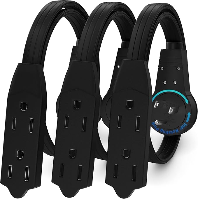 Maximm Cable 1 Ft 360° Rotating Flat Plug Extension Cord/Wire, 16 AWG Multi 3 Outlet Extension Wire, 3 Prong Grounded Wire - Black - 3 Pack - UL Certified