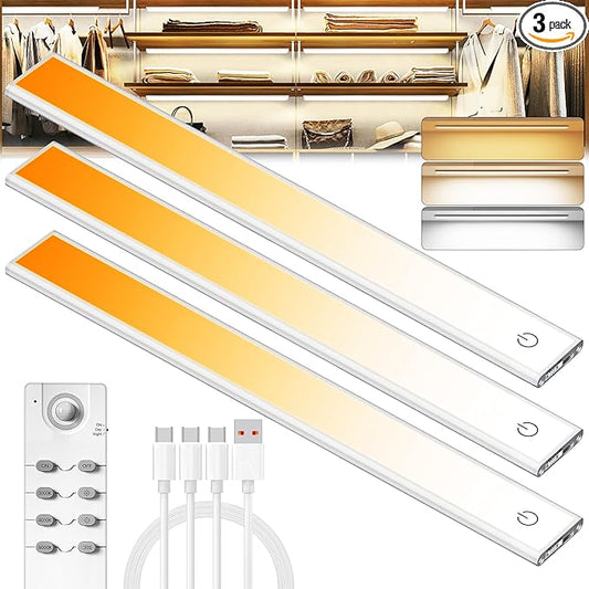 100 LED Under Cabinet Lights Wireless with Full Lighting,Rechargeable Closet Lights with Remote and Motion Sensor Indoor,Under Counter Light with CCT and Dimmable for Kitchen,Stair(3 Pack,11.8inch)