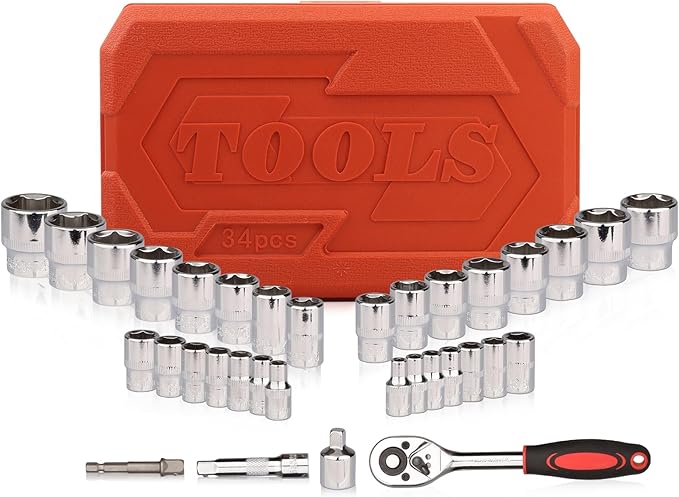 Egofine 34 Pieces 3/8 inch Drive Socket Ratchet Wrench Set, with Socket Set Metric/SAE and Extension Bar for Auto Repairing and Household, with Storage Case