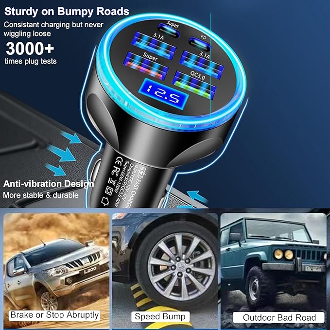 Multi Port USB C Car Charger Adapter with Voltage Display PD 30W 6 Ports Super Fast Charging Cigarette Lighter Adapter with Volt Meter 2 USB-C for MacBook iPhone 16/15/14/13/12 Galaxy Android Phones