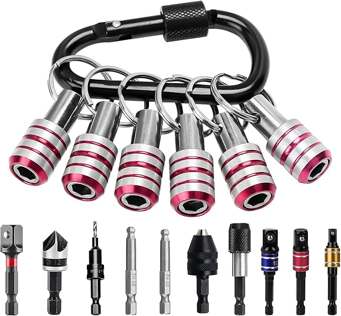 LUEXBOX 1/4 Inch Bit Holder Keychain, Hex Screwdriver Bits Holder Extension Bar, Quick Change Screw Bit Holder for Most Electric, Hand-held Screwdrivers and Drill Bits (C: Red 6pack)