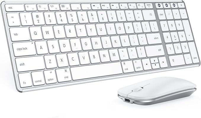 seenda Bluetooth Keyboard and Mouse for Mac, SKM64-2 Multi-Device Rechargeable Slim Wireless Keyboard Mouse Stainless Steel Full Size, Compatible with MacBook Pro/Air, iPad, Mac - White Silver