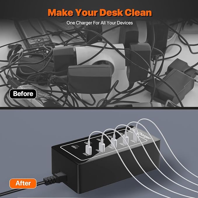 USB C Charger, 50W USB Charging Station for Multiple Devices, 10-Ports Power Hub Strip Smart Plug Charging Dock Charge Block Compatible with iPhone/Google/Tablet and More