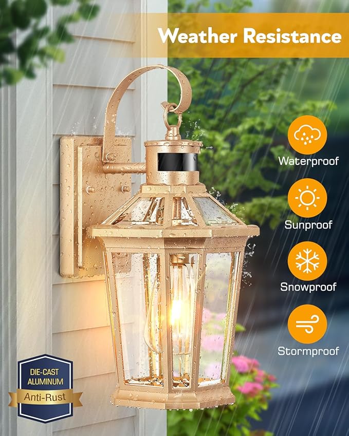 VIANIS Outdoor Wall Lights, Motion Sensor Exterior Light Fixtures Wall Mount, Waterproof Modern Gold Outside Front Porch Light, Anti-Rust Aluminum Outdoor Wall Sconce for House Garage 2 Pack