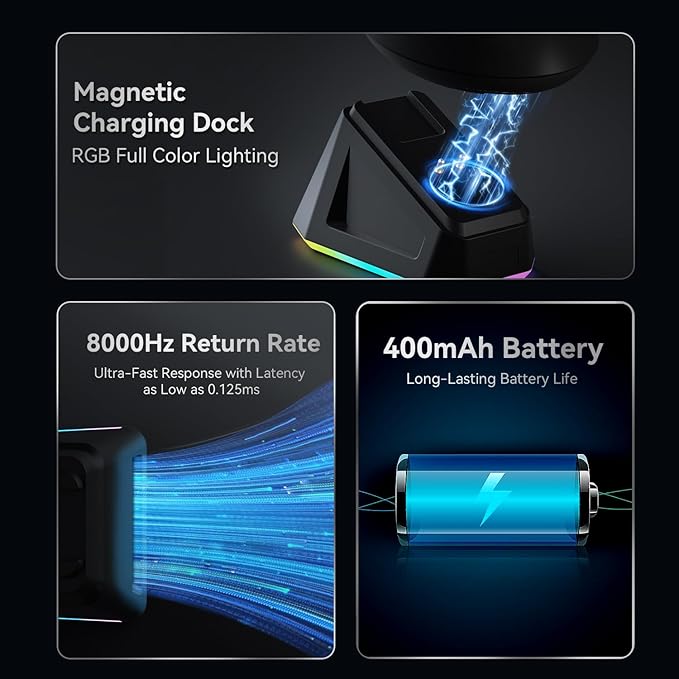 DAIDAI AJ159PRO 8Khz Bluetooth/2.4G/Wired 56G Lightweight Gaming Mouse with Magnetic Charging Dock, PAW3395 Sensor 26KDPI, Huanuo 100 Million Click, 100% ETFE Foot Pad & 8Khz Receiver