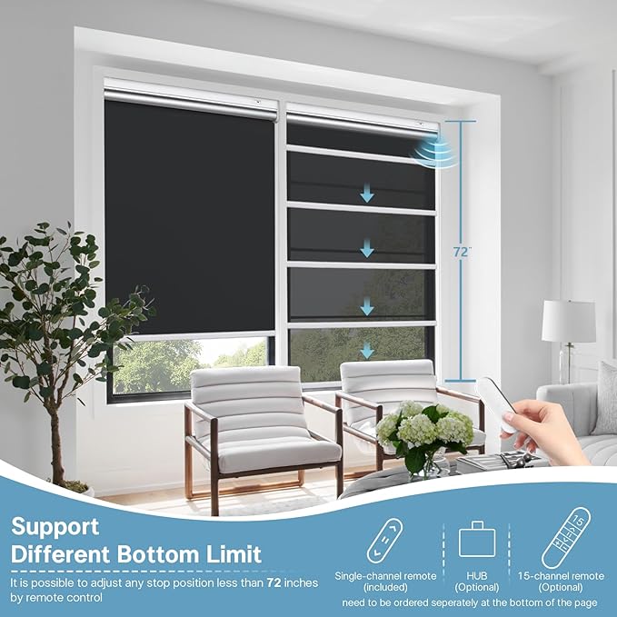 Motorized Blackout Smart Roller Blinds with Remote Control & Solar Panel - Automatic Cordless Electric Shades Compatible with Alexa - White