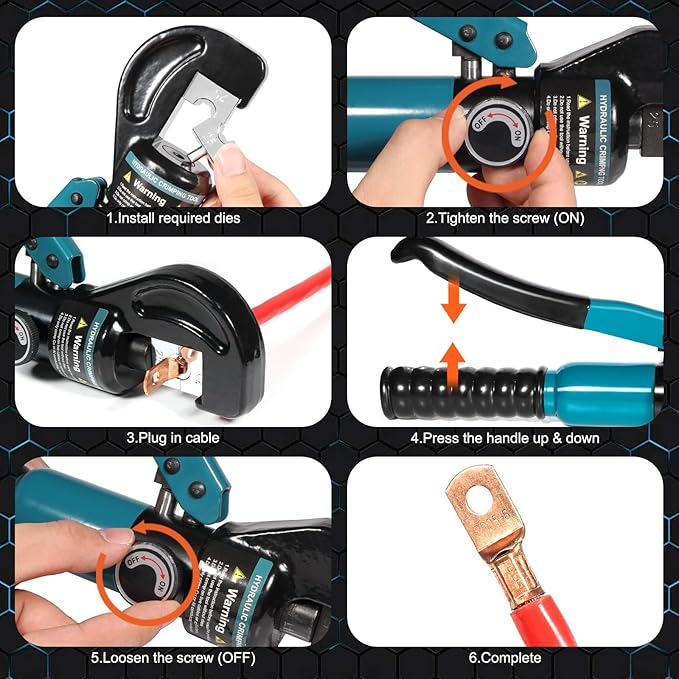 Hydraulic Crimping Tool, Hydraulic Crimper 10 Tons for 12-2/0 AWG Cable, Battery Lugs, Wire Lugs, Battery Cable Crimper Tool with 9 Pairs of Dies, 1/8” Wire Rope Crimping Tool