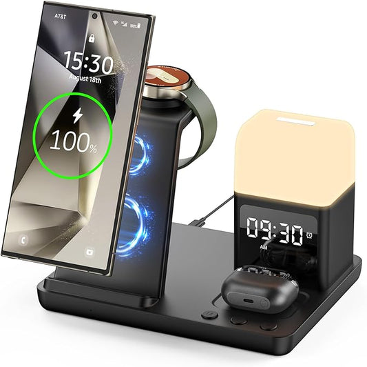 Wireless Charger for Samsung/Android, 6 in 1 Phone Nightstand Charging Station Charger with Alarm Clock/Night Light for Samsung S25/S24/S23 Ultra/Buds3 Pro,Watch Charger for Galaxy Watch 8/7/6/5-Black