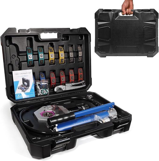 Hydraulic AC Hose Crimper with 7 Sets of Dies, Handheld Hydraulic Hose Crimping Tool for A/C Hose & A/C Fittings (Portable AC Hose Crimper)