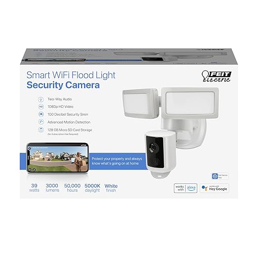 Feit Electric SEC3000/CAM/WIFI Outdoor LED Smart Security Camera with Motion Sensor, 2-Way Audio, 39-Watt Floodlight, Works with Alexa and Google Asst, Alarm, Hardwired, 128 GB Micro SD Card Storage