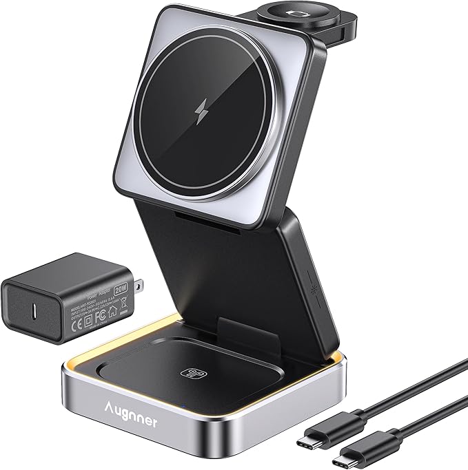 【2025 Upgraded】Wireless Charger 3 in 1, Foldable Wireless Charging Station with Night Light for Apple MagSafe Charger, Travel Magnetic Charger Stand, Nightstand Fast 15W Charging Station (20W Adapter)