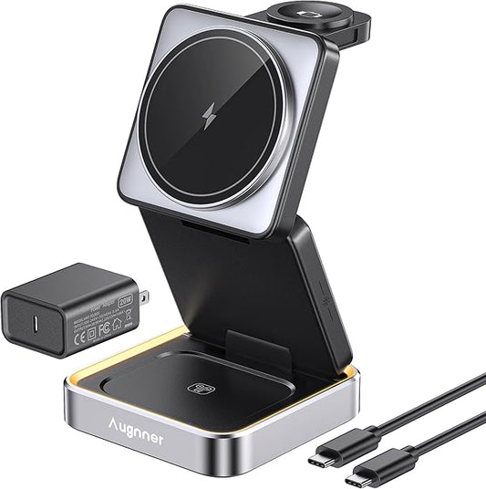 【2025 Upgraded】Wireless Charger 3 in 1, Foldable Wireless Charging Station with Night Light for Apple MagSafe Charger, Travel Magnetic Charger Stand, Nightstand Fast 15W Charging Station (20W Adapter)