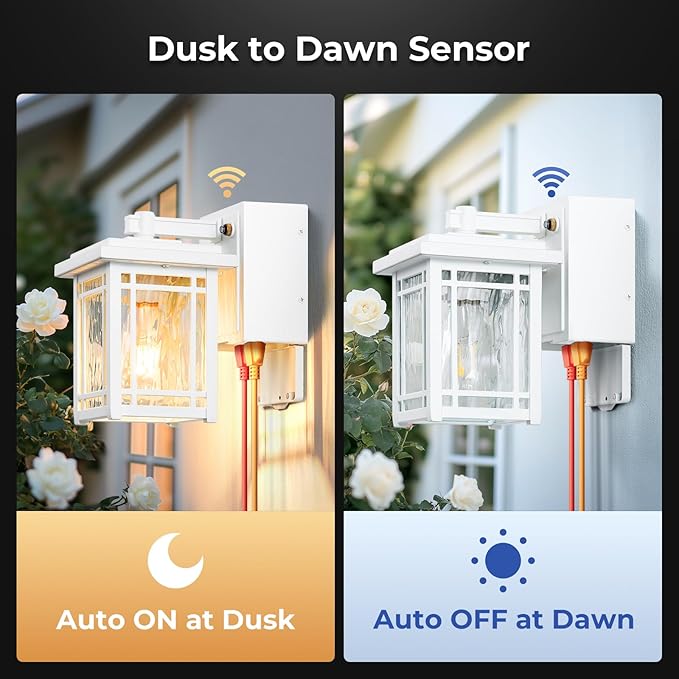 Porch Light with GFCI Outlet, White Dusk to Dawn Light Fixture, Outdoor Wall Light Wall Mount, Waterproof Exterior Wall Sconce Outside Lantern, 100% Aluminum Outdoor Garage Lights for Coach