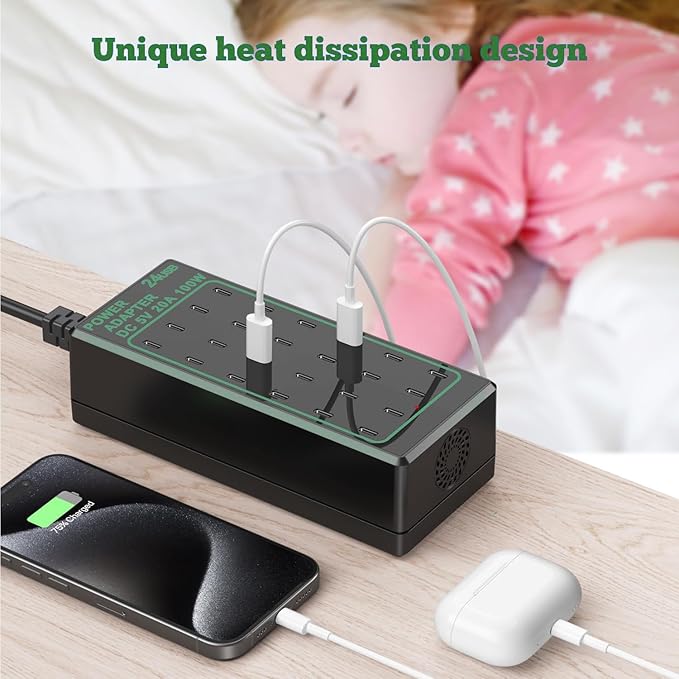 24-Port 100W (20A) USB C Charging Station, Multiple Fast Charger Hub, Home Desktop Power Adapter, Travel Convenient, Compatible With iPhone/Samsung/Google and More