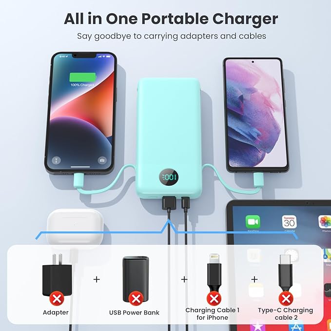 Portable Charger 13800mAh Slim USB C Power Bank with Built in Cables and Wall Plug,LCD Display Lightweight Travel Battery Pack,PD Fast Charging Compatible with iPhone 15,14,Samsung Android-Green