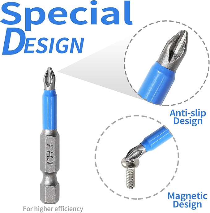 10 Pcs Magnetic Phillips Screwdriver Bit Set 2 inch Long, PH1 Phillips Bits Set, Non-Slip Cross Head Electric Screwdriver Bits Set 1/4" Hex Shank (PH1, 50mm)