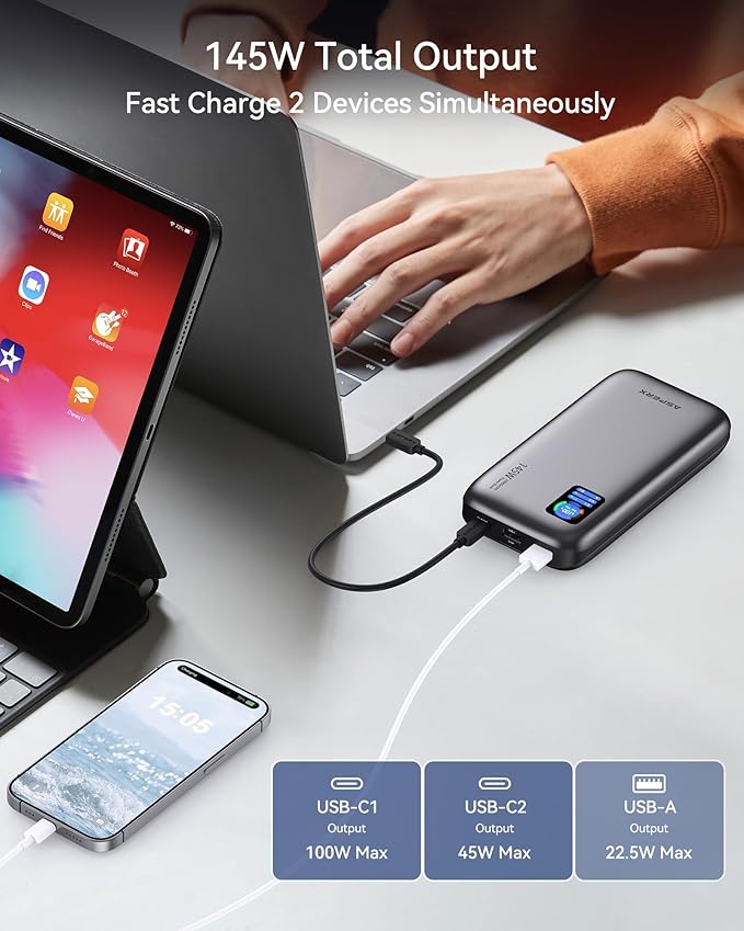 AsperX Laptop Power Bank,24,000mAh 145W PD 3.1 Fast Charging Portable Charger, TFT Smart Display USB C Battery Pack(86.4Wh) for MacBook/iPhone 17/Dell XPS/Galaxy S25/Steam Deck/ipad (Flight-Approved)