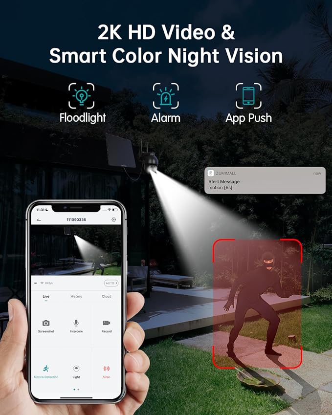 ZUMIMALL 4G LTE Cellular Solar Security Camera Wireless Outdoor, 2K No WiFi Security Camera Solar Powered with Color Night Vision, 2-Way Talk, Motion Alert, Cloud, SIM Included(US Version)