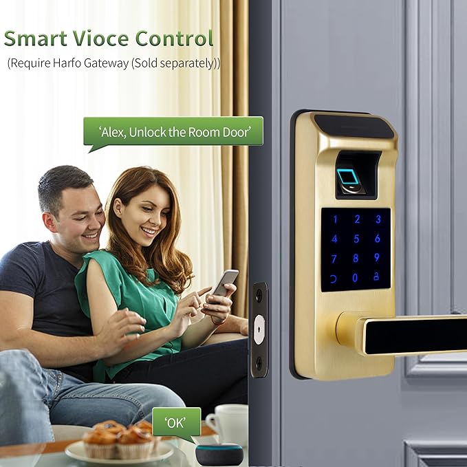 Harfo Smart Door Lock, Heavy Duty 5 in 1 Keyless Entry Door Lock, Full App Control Digital Keypad Lock, Reversible Handle with Fingerprints and Passcodes for Family/Office/Apartment (Gold)