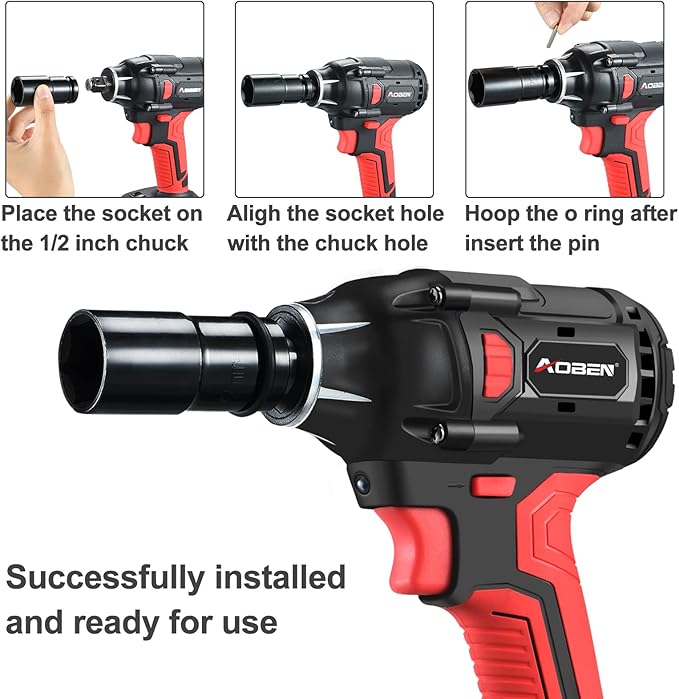 AOBEN 21V Cordless Impact Wrench Powerful Brushless Motor with 1/2" Square Driver, Max 300 Torque ft-lbs (400N.m),2X 4.0A Li-ion, 6Pcs Impact Sockets,Fast Charger and Tool Bag