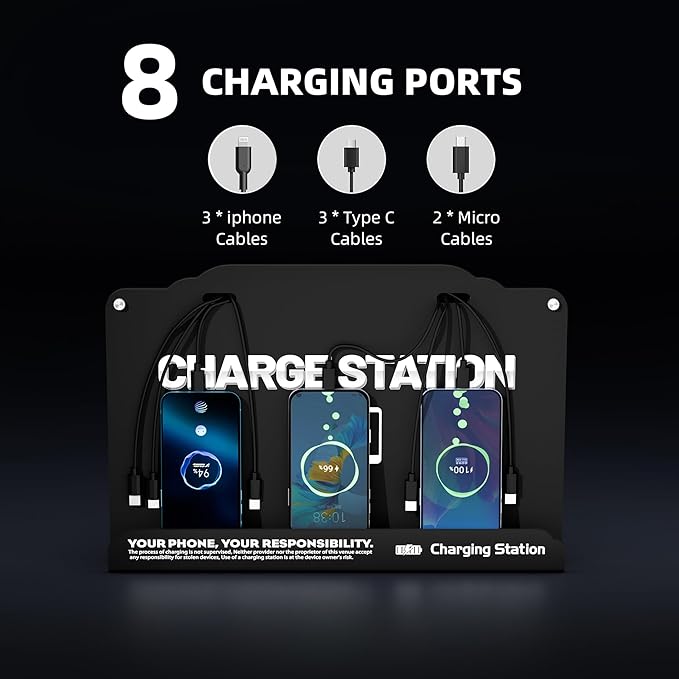 Wall Mounted 8 Port Charging Station with Fast Charigng Cables – Multi Device Charging Dock for Office, Hotel & Public Spaces | Compatible with iPhone ipad Smartphone Tablets Android Port (Black)