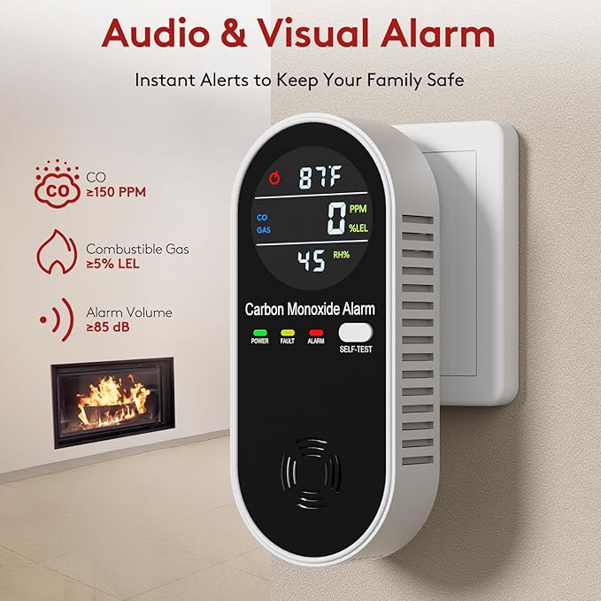4 in 1 Plug in Natural Gas Leak & Carbon Monoxide Detector withTemperature & Humidity for Home, Kitchen, RV (2 Packs)