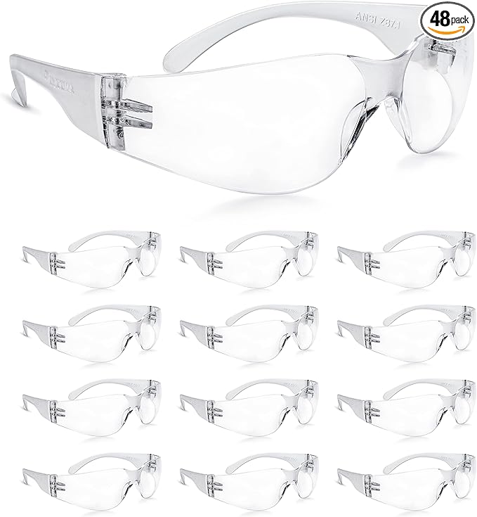 amoolo Clear Safety Glasses Bulk of 48, Protective Eyewear for Men Women, ANSI Z87.1 Impact Resistant Eye Protection for Work, Lab, Construction