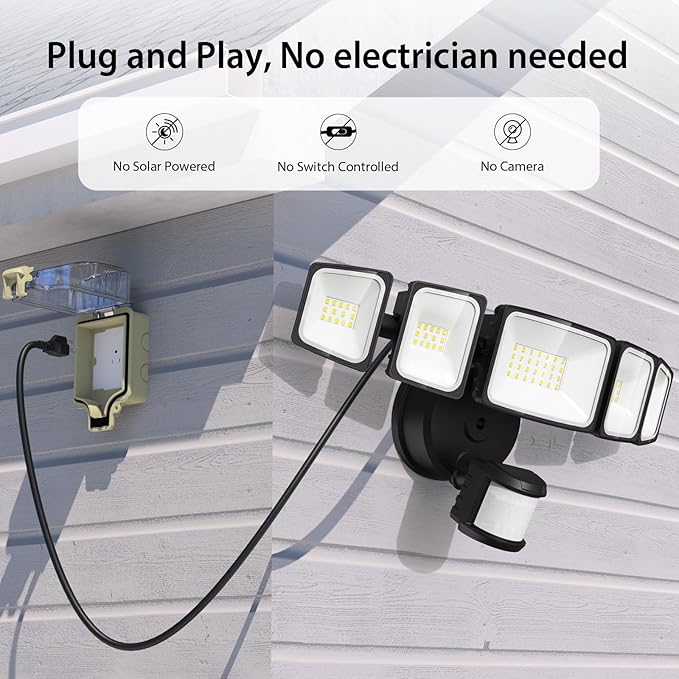 55W LED Flood Light Outdoor Motion Sensor with Plug, 5000LM LED Security Light with Remote Control, IP65 Waterproof, 6500K Flood Light for Yard Garage Garden Driveway Backyard(Black)