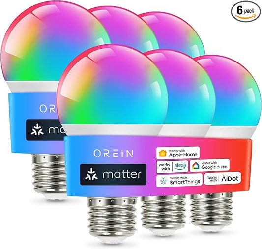 OREiN Matter Smart Light Bulb, Smart Light Bulbs Work with Apple Home, Alexa, Google Home, SmartThings, A19 Color Changing Light Bulbs 2.4Ghz WiFi, 800 Lumens Equivalent 60W 6Pack