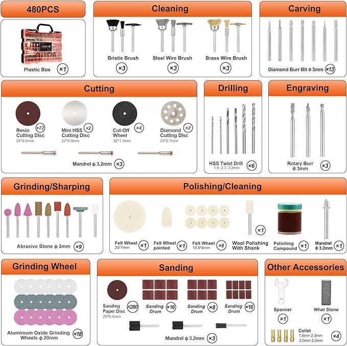 480Pcs Rotary Tool Accessories Kit, GOXAWEE 1/8 inch Shank Rotary Tool Accessory Set, Multi Purpose Universal Kit for Cutting, Drilling, Grinding, Polishing, Engraving & Sanding