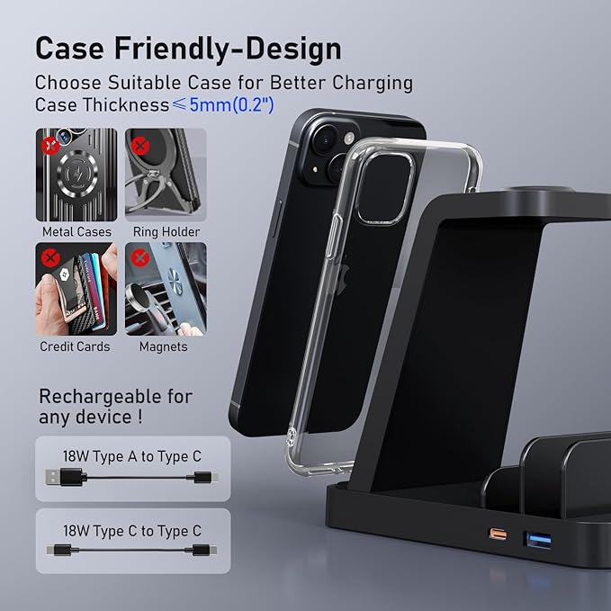 Wireless Charger for Samsung Charging Station, 5 in 1 Wireless Fast Charger for Galaxy S25 Ultra/S24 Ultra/S23/S22, Watch Ultra 7/6/5/4/3, Charger Dock Stand for All Galaxy Tab Series,Black