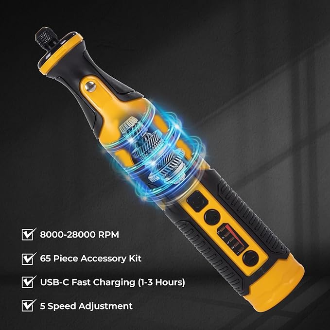 7.2V Cordless Grinder Tool, Mini Rotary Tool Setwith Battery & Charger, 5Speed Adjustment, LED Light, 65 Piece Accessory Kit| Cutting/Polishing Wheels, Diamond Burrs, Sanding Bands