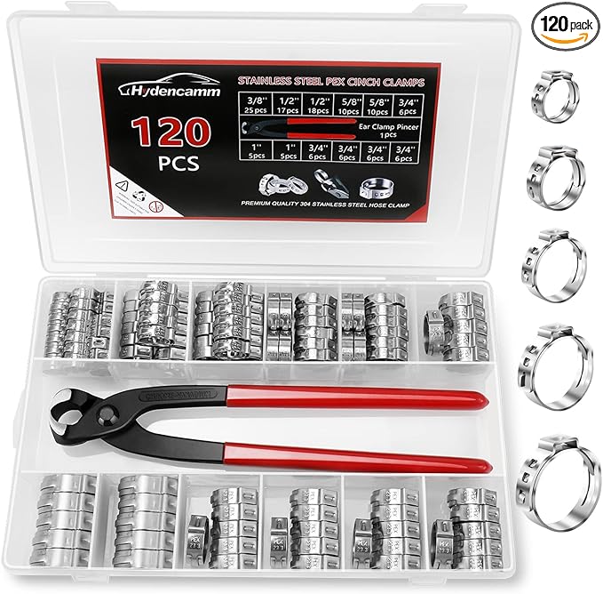 120PCS 5 Sizes PEX Clamps Kit with Plier, 1/2'', 3/4'', 3/8”, 5/8'', 1'', Premium 304 Stainless Steel Cinch Crimp Rings, PEX Tool Kit Assortment for PEX Tubing Pipe Fitting Connections By Hydencamm