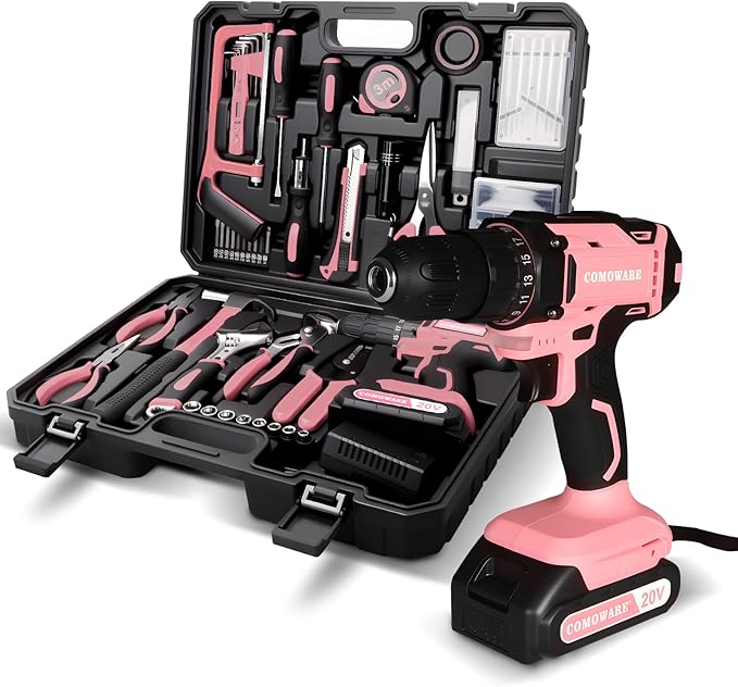 COMOWARE Pink Tool Box with 20V Drill, 120 Pcs Pink Tool Set, Tool Kit for Home, Pink Drill Set for Women, Power Tool Combo Kits with 2.0 Ah Li-ion Battery & Charger, 25+1 Clutch