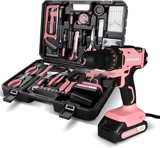 COMOWARE Pink Tool Box with 20V Drill, 120 Pcs Pink Tool Set, Tool Kit for Home, Pink Drill Set for Women, Power Tool Combo Kits with 2.0 Ah Li-ion Battery & Charger, 25+1 Clutch