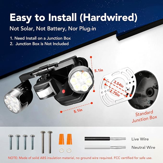 OREiN 450° Adjustable Outdoor Security Light with 3 Joints Each Arm, 2500LM 180°/40FT Motion Sensor Outdoor Lights, Dusk to Dawn Flood Light IP65 Waterproof for Garage/Garden/Door, Black (Hardwired)