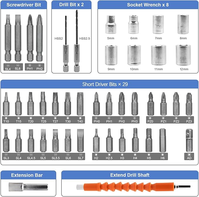 MQFORU Cordless Screwdriver, 48 in 1 Electric Screwdriver, Rechargeable 3.6V Portable Cordless Drills Kit, Dual Position Handle with USB Cable LED Light for Home Office DIY Tools