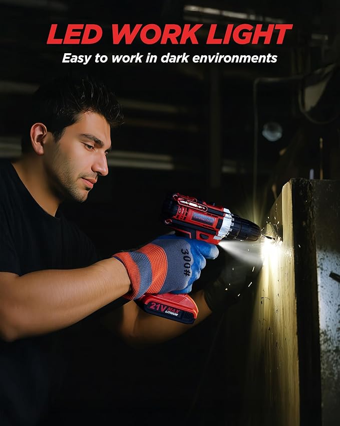 Drill, 21V Cordless Drill with Dual 2.0Ah Power Pack and Charger, Electric Power Drills Set, 3/8 Inch Chuck, 25+1 Torque, 2 Speed 29 Accessories Tool for DIY, Gifts