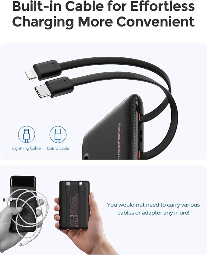 Mini Portable Charger with Built-in Cables 22.5W Fast Charging Power Bank USB-C Small Battery Pack 10000mAh Travel Essential Slim Battery for iPhone 16/15/14, Samsung 25/24, and More