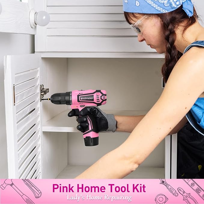 12V 82Pcs Cordless Pink Drill Set - Essential Women's Pink Tool Set, Lady's Basic Home Tool Kit with Pink Tool Bag - All in One Pink Tool Kit Ideal for DIY, Home Improvement