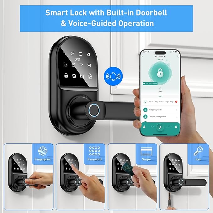 Smart keypad Door Lock with Handle,Fingerprint Keyless Entry Digital Lock with Built-in doorbell for Front Door,Bedroom,biometric Door knob,with Gateway Remote APP Control