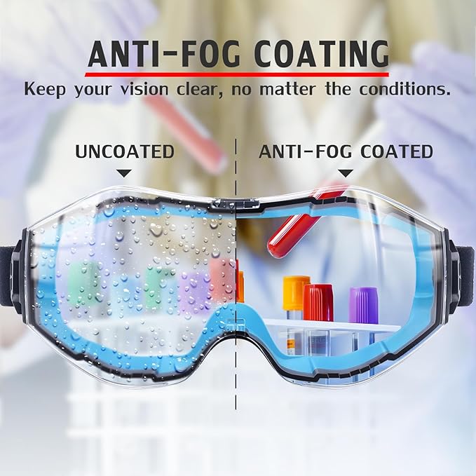 UKNOW Safety Goggles Over Glasses, Anti-Fog Clear Lens, ANSI Z87.1 Protective Eyewear Adjustable Strap, Ideal for Lab Use