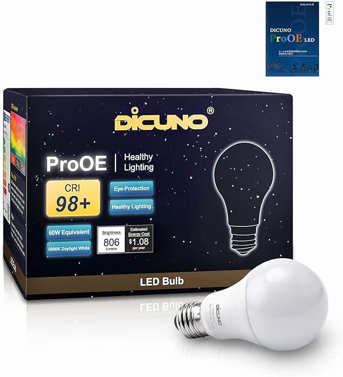 DiCUNO ProOE A19 LED Bulbs 60W Equivalent, 5000K Daylight White, 806 Lumens 9W LED Light Bulb, High CRI 98, Non-dimmable, 100-240V, E26 Medium Base, Frosted, Pack of 6